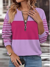 abordables Hauts Rayés et Géométriques-Pull à zip quart pour femme graphique géométrique à rayures décontracté manches longues col rond hauts réguliers mode de rue vêtements quotidiens demi-imprimé rose bleu fuchsia orange vert automne