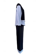 abordables Ensembles chemisiers pour femmes-Femmes Élégant ancien Quotidien Ensembles de Pantalons manche longue Col rond Rayé Patchwork Vacances Travail Occasionnel Bleu Printemps Coupe Ample