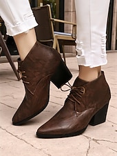 baratos Botas de tornozelo-Botas femininas retrô de cano curto com cadarço e bico fino - botas curtas de salto bloco em couro sintético para o outono, estilo urbano &amp;roupas do dia a dia
