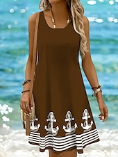 billige Stripete og geometriske kjoler-Dame Mini kjole Solkjole Kjole med A-linje Off The Shoulder-kjole Ferie Fritid Bohem Ferie Strand Normal Grafisk Geometrisk Stripe Ermeløs Crew-hals Øsehals Svart Hvit Gul Rosa Sommer Vår