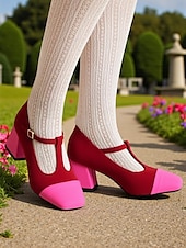 זול מארי ג'יין פאמפס-נעלי עקב מרי ג'יין בצבע אדום וורוד לנשים עם רצועת T - נעלי הליכה נוחות בסגנון צרפתי לתה של אחר הצהריים, מסיבות, משרד ותלבושות יומיומיות