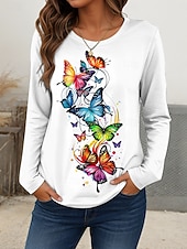 Женская футболка с круглым вырезом длинным рукавом туника графическая бабочка винтажная повседневная обычные топы ежедневный принт красный синий радужный весна осень Недорогие Животные пьют-Женская футболка с круглым вырезом длинным рукавом туника графическая бабочка винтажная повседневная обычные топы ежедневный принт красный синий радужный весна осень