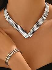 abordables Collier pour femme-Ensemble de bijoux géométriques plaqués or pour femmes - collier moderne en forme de V superposé et bracelet manchette ouvert pour dames, idéal pour les cocktails, les événements professionnels et les