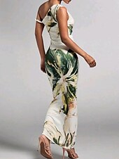 abordables Robes fleuries élégantes-Femmes Robe Longue Maxi Robe Robe Imprimée Mode Extérieur Sortir Week-end Coupe régulière Fleur Sans manches Une Épaule Violet Vert Été