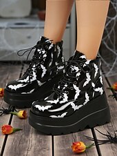 abordables Pour les femmes-Bottines à plateforme pour femmes à imprimé chauve-souris d&#039;Halloween – Bottines de combat à talons épais et lacets de style gothique punk pour fêtes, cosplay et soirées