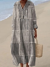 billige Stripete og geometriske kjoler-Dame Midikjole Solkjole Kjole med A-linje Ferie Fritid Bohem Ut på byen Strand Grafisk Geometrisk Stripe Langermet V-hals Aske Svart Gul Blå Sommer Vår Høst