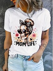 abordables Hauts d&amp;#39;Halloween-Halloween Femmes T-shirt Chemise en coton Drapeau Crâne ancien Élégant Classique Manche Courte Col ras du cou Col rond Hauts Réguliers Quotidien Imprimé Noir Blanche Été Printemps