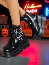 cheap Platform Boots-Women&#039;s Black Platform Boots with Spider Web Design - Chunky Lace-Up Ankle Boots for Halloween,  Cosplay, and Masquerade Balls, Punk and Gothic Style, Comfortable for All-Day Wear