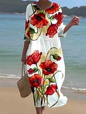 abordables Robe Fleurie-Femmes Robe Midi Robe Décontractée Robe Imprimée Mode Moderne Quotidien Plage Week-end Coupe régulière Fleuri Manche 3/4 Col ras du cou Blanche Jaune Bleu Roi Kaki Été Printemps Automne
