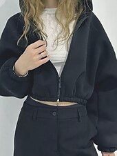billige Teksturert hettegensere og sweatshirt-Dame Pullover hettegenser-genser Hettegensere med glidelås عادي Gatemote Fritid Langermet Med hette Vanlige topper Gate Ferie Glidelås Svart Lysegrå Grå Høst Vinter
