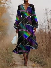 preiswerte Kunst &amp; Design Kleid-Damen Midikleid Freizeitkleid Chiffon Schwingkleid Modern Urlaub Täglich Wochenende Normale Passform Geometrisch Langarm V Ausschnitt Blau Dunkelgrün Purpur Grün Sommer Frühling Herbst