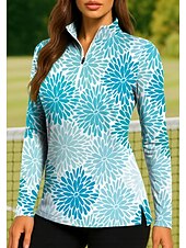 voordelige Dameshirt-Women's Floral Golf Polo Shirt Tennis Shirt Tennis Sweatshirt Long Sleeve Print Quarter Zip Pullover UV Protection Elastic Breathable Volleyball Tennis Golf Zip Collar Shirt Polo Blue and White
