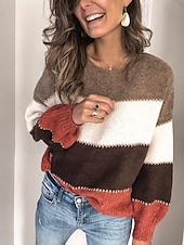 Dames Trui Casual Zacht Gestreept Geribd Strakke ronde hals Gebreid Lange mouw Normale tops breien Buiten Dagelijks Weekend Zwart Geel Herfst Winter voordelige Truien en tops-Dames Trui Casual Zacht Gestreept Geribd Strakke ronde hals Gebreid Lange mouw Normale tops breien Buiten Dagelijks Weekend Zwart Geel Herfst Winter
