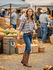 cheap Cowboy &amp; Western Boots-Women's Western Cowboy Boots with Embroidered Stitching – Faux Leather Mid-Calf Boots for Fall Festivals, Farm Work &amp; Country Outfits