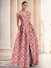 abordables FLORALES-Robe de soirée A-Line en jacquard floral verte élégante Robe de mariage formelle longueur au sol sans manches en V en nylon avec poche fente Robe invitée de mariage