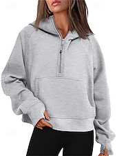 baratos Tops Simples-Mulheres Pulôver Moletom Com Capuz Tecido Casual Manga Longa Com Capuz Tops regulares Rua Dia a Dia Patchwork Zíper Bolsos Branco Rosa cáqui Cinzento Outono Inverno