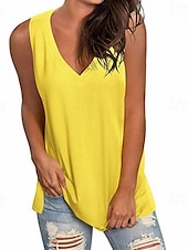 billige Enkel tank topp-Dame Camisole Tank Top Helfarge Stilfull Fritid Ermeløs V-hals Vanlige topper Daglig Svart Hvit Gul Rosa Rød Sommer Vår