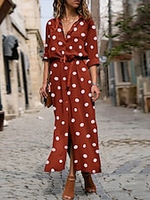 abordables Robe Rayée et Géométrique-Femmes Robe maxi Robe fourreau Vacances Occasionnel Quotidien Coupe régulière À pois manche longue Col de chemise Vert militaire Noir Rouge Bleu Été Printemps