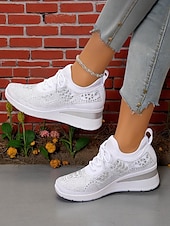 abordables Baskets femme-Baskets compensées Flyknit roses pour femmes avec détails en strass – Chaussures de sport légères et respirantes pour une tenue décontractée et la marche