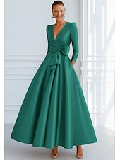 preiswerte Abendkleider-Bind A-Linien Abendkleid Elegantes Kleid Formelle Hochzeitsgast Boden Länge 3/4 Länge Ärmel V-Ausschnitt Tasche Stretch Satin mit Schleife(n)