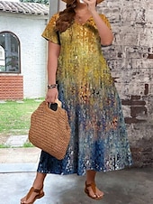 preiswerte Kleider-Damen Übergröße Freizeitkleid Ombre V Ausschnitt Kurzarm Sommer Frühling Mode Modern Lässig Maxikleid Ferien Wochenende Kleid