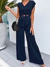 Mulheres Moda Roupa de rua Diário Conjuntos de calças Manga Curta Decote V Côr Sólida Cordões Casual Diário Preto Azul Marinho Escuro Azul Marinha Verão Normal baratos Blusas femininas-Mulheres Moda Roupa de rua Diário Conjuntos de calças Manga Curta Decote V Côr Sólida Cordões Casual Diário Preto Azul Marinho Escuro Azul Marinha Verão Normal