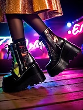 baratos Festa da Vida Noturna-Botas de combate femininas plataforma rosa, botas de cano curto holográficas com cadarço e salto grosso com zíper lateral, estilo de rua ousado para vida noturna e roupas de festa