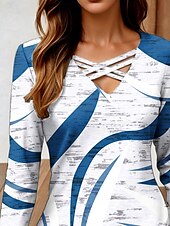 billige Stripe og geometrisk t-skjorte-Dame T skjorte Grafisk Geometrisk Abstrakt Årgang Stilfull Klassisk Langermet V-hals Vanlige topper Daglig Utskjæring Trykt mønster Blå Vår Høst