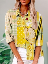 economico Animali Tops-Per donna Camicia Floreale Farfalla Attivo Quotidiano Elegante Manica Lunga Colletto a Camicia Top Regolari Quotidiano Ferie Bottoni Stampato Bianco Giallo Blu Viola Verde Estate Primavera Autunno