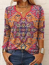tanie T-shirt boho-Damskie Podkoszulek Graficzny Geometryczny Zabytkowe Elegancki Codzienny Długi rękaw Karbowana szyja Zwykłe topy Codzienny Nadruk Żółty Niebieski Fioletowy Pomarańczowy Lato Wiosna Jesień
