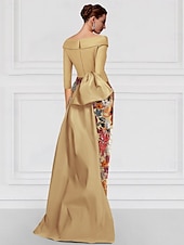 ieftine Rochii de seară pentru bal-Rochie de seară A-line Negru Elegantă Rochie Formală Nuntă Lungime până la podea Mâneci jumătate Guler cămașă Satin cu Fisura Broderie