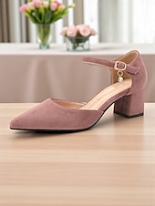 abordables Block Heels-Escarpins à talons compensés en daim rose pour femme, avec bride à la cheville – élégants escarpins à bout pointu et détails charmants pour mariages, fêtes et tenues de bureau
