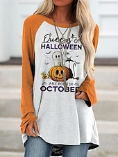 billige Kunst &amp; Design t-skjorte-Halloween Dame T skjorte Grafisk Halloween Årgang Stilfull Fritid Langermet Crew-hals Lange topper Daglig Trykt mønster Svart Hvit Gul Oransje Vår Høst