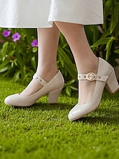 お買い得  Block Heels-カジュアルなデートに最適な、バックルストラップ付きのレディース用ホワイトパテントレザーブロックヒールメリージェーンシューズ
