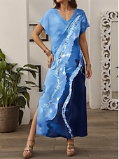 abordables Art &amp; Design Robes-Femmes Robe Midi Robe d&#039;Été Robe trapèze Vacances Occasionnel Boho Sortir Coupe Ample A Ombre Graphique Géométrique Manche Courte Col en V bleu marine Bleu Bleu Ciel Violet Été Printemps Automne