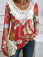 voordelige Bloementhee-Dames Blouse Bloemig Grafisch Elegant Modieus Lange mouw Ronde hals Normale tops Dagelijks Uitgaan Weekend Kant Lapwerk Afdrukken Blozend Roze Rood blauw Oranje Zomer Lente Herfst