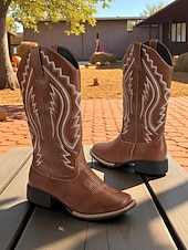 cheap Cowboy &amp; Western Boots-Women's Western Cowboy Boots with Embroidered Stitching – Faux Leather Mid-Calf Boots for Fall Festivals, Farm Work &amp; Country Outfits