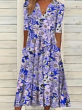 preiswerte Lässige Blumenkleider-Damen Midikleid Freizeitkleid Sommerkleid Shiftkleid A Linie Kleid Urlaub Lässig Normale Passform Blumen Grafik Halbarm Einkerbiger Ausschnitt Purpur Sommer Herbst
