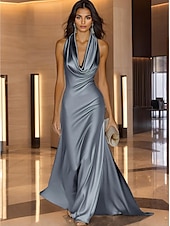 abordables Champagne-Robe de soirée dorée élégante, robe de mariée formelle, traîne à balayage / pinceau, sans manches, col bénitier, satin avec fronces 2025