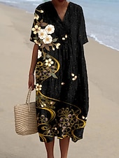 abordables Robes fleuries-Femmes Robe Midi Robe d&#039;Été Robe trapèze Vacances Occasionnel Chaussures de plage Soirée Sortir Plage Coupe Ample Fleuri Graphique Manche Courte Col en V Noir Vert Beige Été Printemps