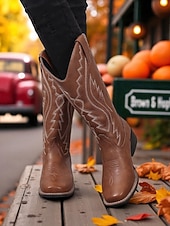 cheap Cowboy &amp; Western Boots-Women's Western Cowboy Boots with Embroidered Stitching – Faux Leather Mid-Calf Boots for Fall Festivals, Farm Work &amp; Country Outfits
