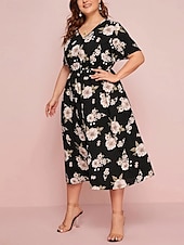 ieftine Rochii-Pentru femei Mărime Plus Rochie casual Floral În V Manșon scurt Vară Primăvară Elegant Modă Modern Casual Rochii Midi Zilnic Concediu Rochie
