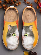 tanie Mokasyny i trzewiki damskie-Kolorowe, wsuwane buty damskie Cat by Kayomi Harai z nadrukiem kota – urocze, codzienne mokasyny dla miłośniczek kotów, idealne na co dzień, w podróż i na weekendowe wyjścia