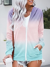 baratos Arte &amp; Design Tops-Jaqueta de Moletom com Capuz Feminina Manga Longa Hoodie com Zíper Com Bolso Leve Casual Microelástico Geométrica Ativa Cordão Amarelo Rosa Azul Roxo Primavera Outono