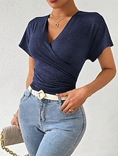 voordelige Sexy topjes voor dames-Dames Zomer tops Effen Stijlvol Modern Korte mouw V-hals Normale tops Dagelijks Feestdagen Met ruches blauw Grijs Zomer