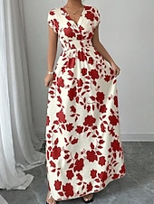 tanie Sukienki kwiatowe-Damskie Sukienka maxi Sukienka A line Urlop Codzienny Boho Na zewnątrz Wyjściowe Luźny / a Kwiaty Krótki rękaw W serek Czarny Czerwony Niebieski Pomarańczowy Lato