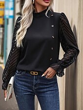 economico Top Semplici da Donna-Per donna Camicia Semplice Elegante Moderno Manica Lunga Collo Alto Top Regolari Quotidiano Uscire Bottoni Rete Nero Primavera Autunno