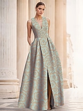 abordables FLORALES-Robe de soirée A-Line en jacquard floral verte élégante Robe de mariage formelle longueur au sol sans manches en V en nylon avec poche fente Robe invitée de mariage