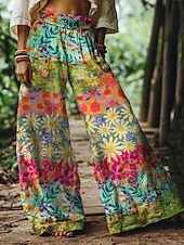 abordables jambe large et taille haute-Femmes Jambe large Pantalons Pantalon palazzo Mode Boho Longueur complète Taille haute Fleur Taille Élastique Imprimé Respirabilité Confortable Rue Tenue quotidienne Sortir Bleu Orange Vert Printemps