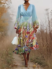 abordables Robe Fleurie-Femmes Robe Midi Robe Décontractée Mousseline de Soie Robe évasée Moderne Vacances Quotidien Week-end Coupe régulière Fleuri manche longue Col en V Blanche Bleu Bleu clair Été Printemps Automne